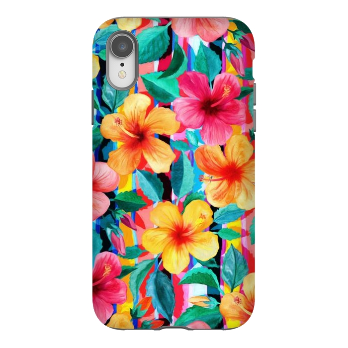 iPhone Xr StrongFit OTT Maximalist Hawaiian Hibiscus Floral with Stripes by Micklyn Le Feuvre