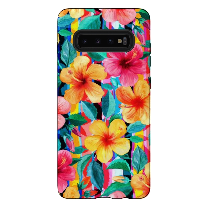 Galaxy S10 plus StrongFit OTT Maximalist Hawaiian Hibiscus Floral with Stripes by Micklyn Le Feuvre