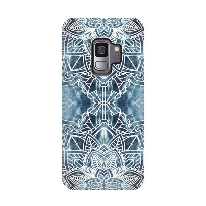 Galaxy S9 StrongFit White lace floral mandala on blue marble by Oana 