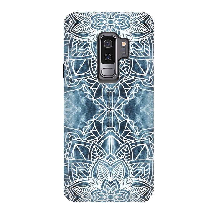 Galaxy S9 plus StrongFit White lace floral mandala on blue marble by Oana 