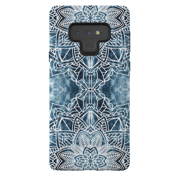 Galaxy Note 9 StrongFit White lace floral mandala on blue marble by Oana 
