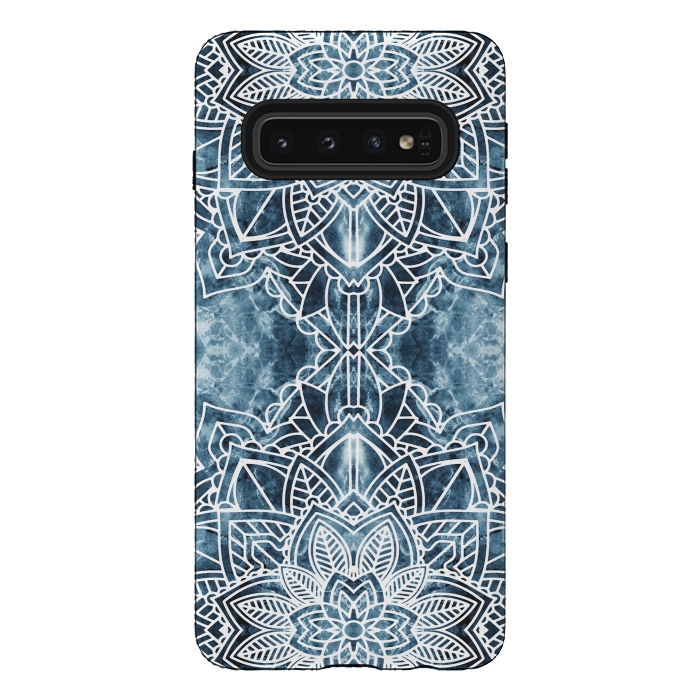 Galaxy S10 StrongFit White lace floral mandala on blue marble by Oana 