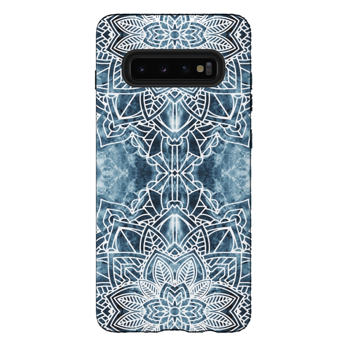 Galaxy S10 plus StrongFit White lace floral mandala on blue marble by Oana 