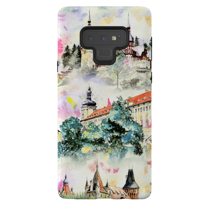 Galaxy Note 9 StrongFit Mountain castles watercolor illustration by Oana 