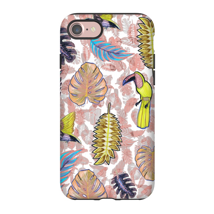 iPhone 7 StrongFit Playful parrots and leaves tropical sketch by Oana 