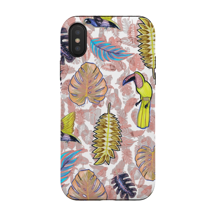 iPhone Xs / X StrongFit Playful parrots and leaves tropical sketch by Oana 