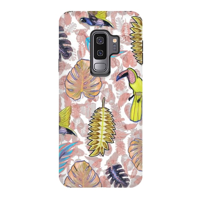Galaxy S9 plus StrongFit Playful parrots and leaves tropical sketch by Oana 