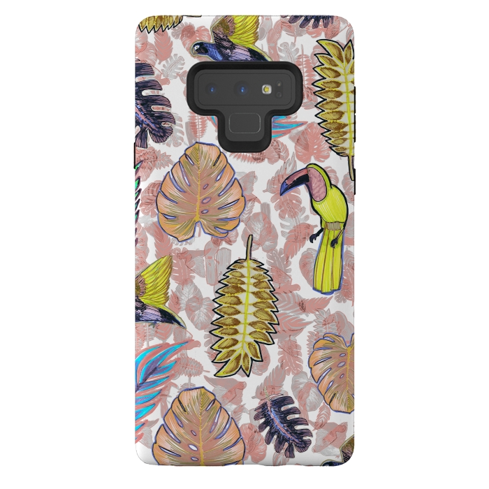 Galaxy Note 9 StrongFit Playful parrots and leaves tropical sketch by Oana 
