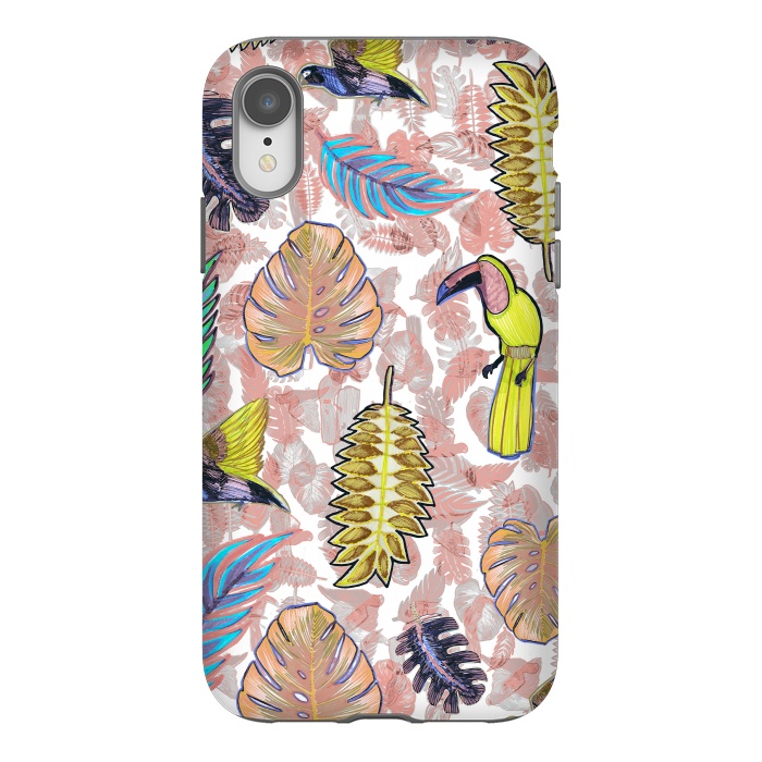 iPhone Xr StrongFit Playful parrots and leaves tropical sketch by Oana 