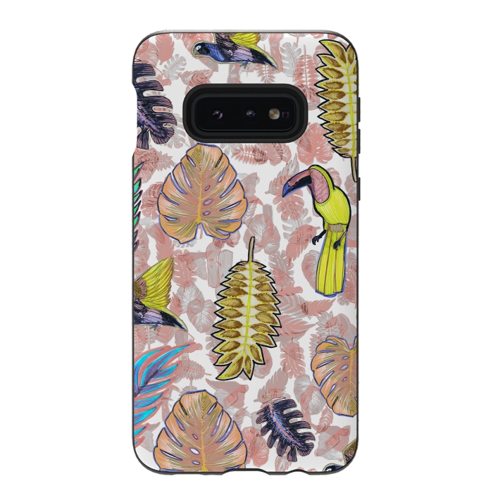 Galaxy S10e StrongFit Playful parrots and leaves tropical sketch by Oana 