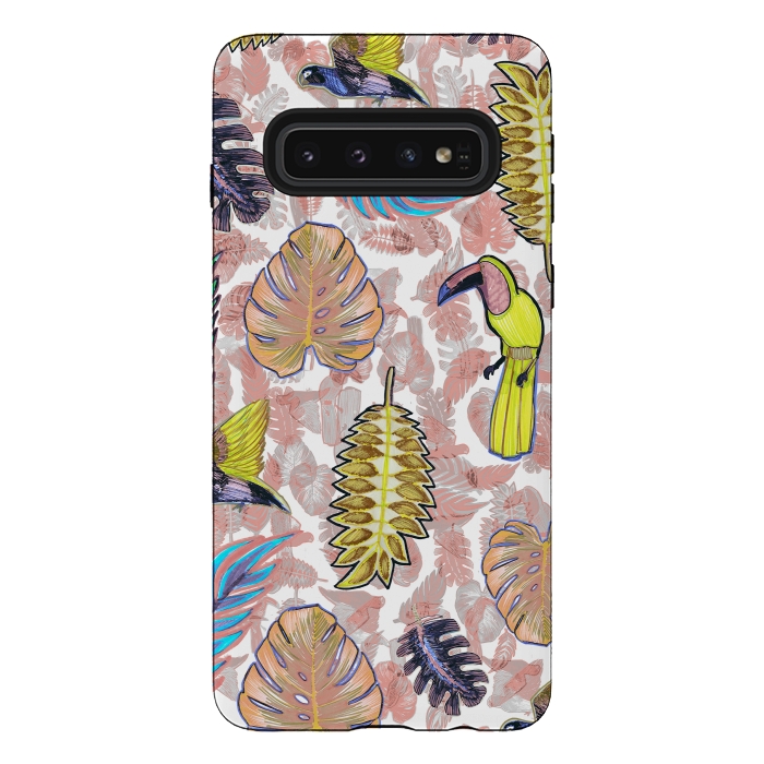 Galaxy S10 StrongFit Playful parrots and leaves tropical sketch by Oana 