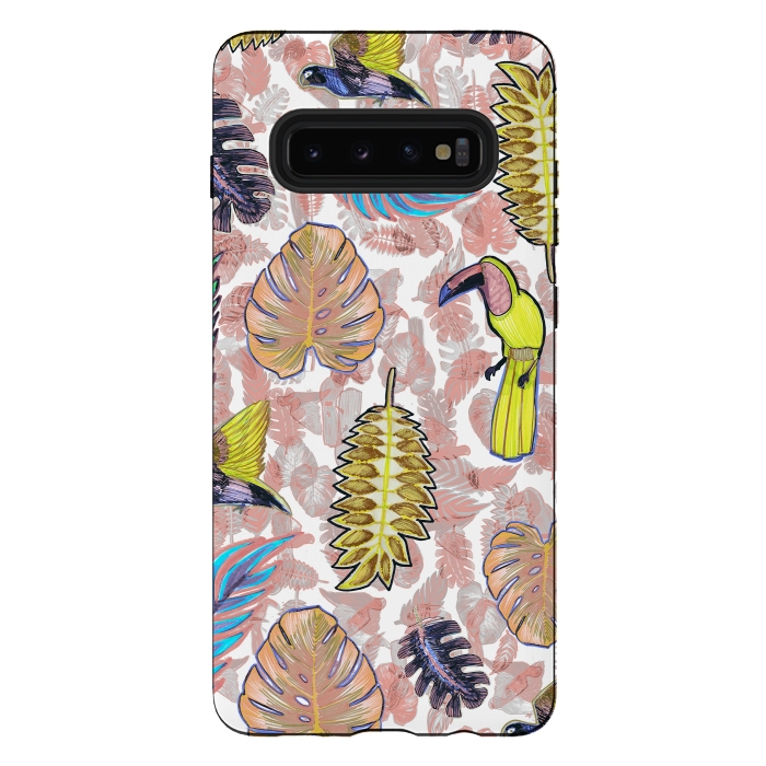 Galaxy S10 plus StrongFit Playful parrots and leaves tropical sketch by Oana 