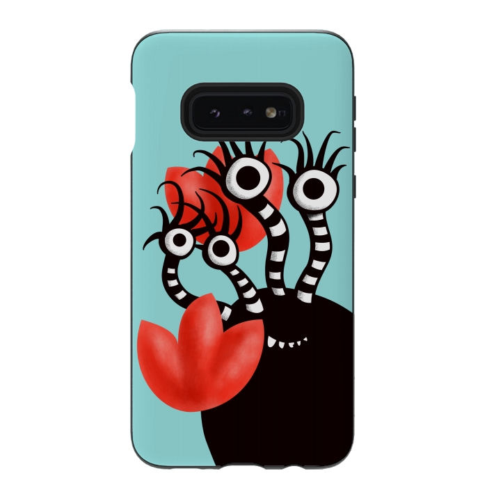 Galaxy S10e StrongFit Cute Monster With Four Eyes And Abstract Tulips by Boriana Giormova