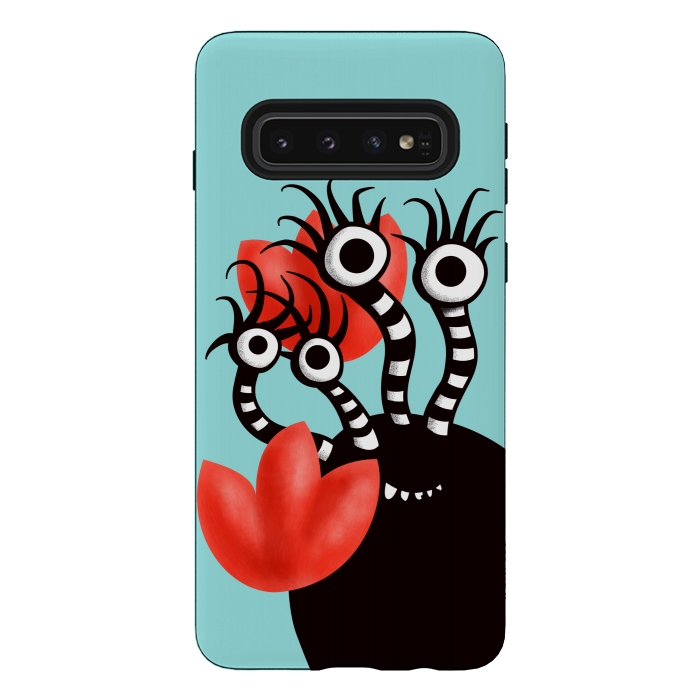Galaxy S10 StrongFit Cute Monster With Four Eyes And Abstract Tulips by Boriana Giormova
