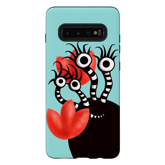 Galaxy S10 plus StrongFit Cute Monster With Four Eyes And Abstract Tulips by Boriana Giormova