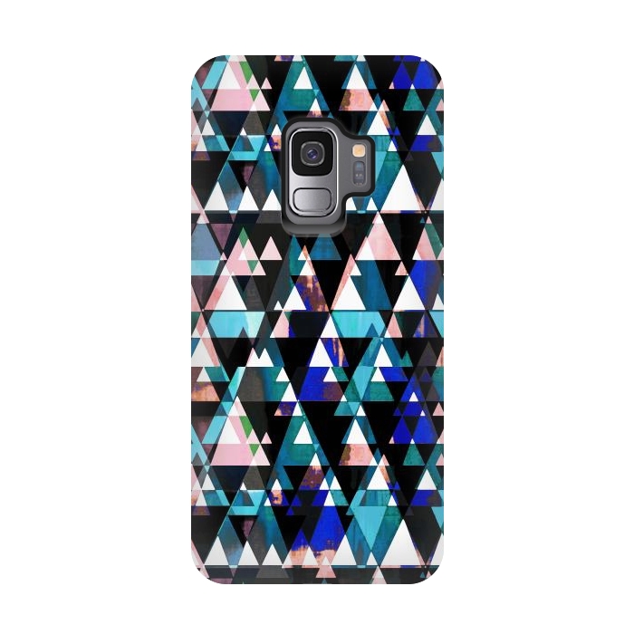 Galaxy S9 StrongFit Turquoise pink triangles graphic pattern by Oana 