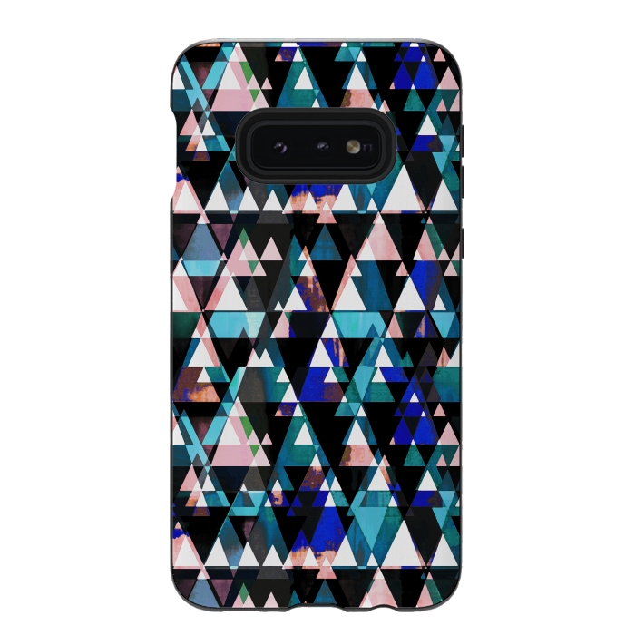 Galaxy S10e StrongFit Turquoise pink triangles graphic pattern by Oana 