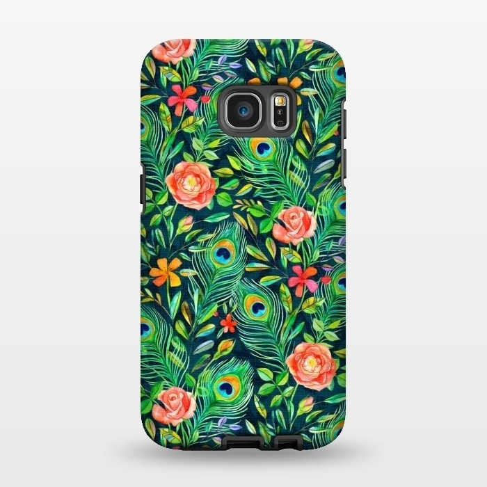Galaxy S7 EDGE StrongFit Peacock Posies on Dark by Micklyn Le Feuvre