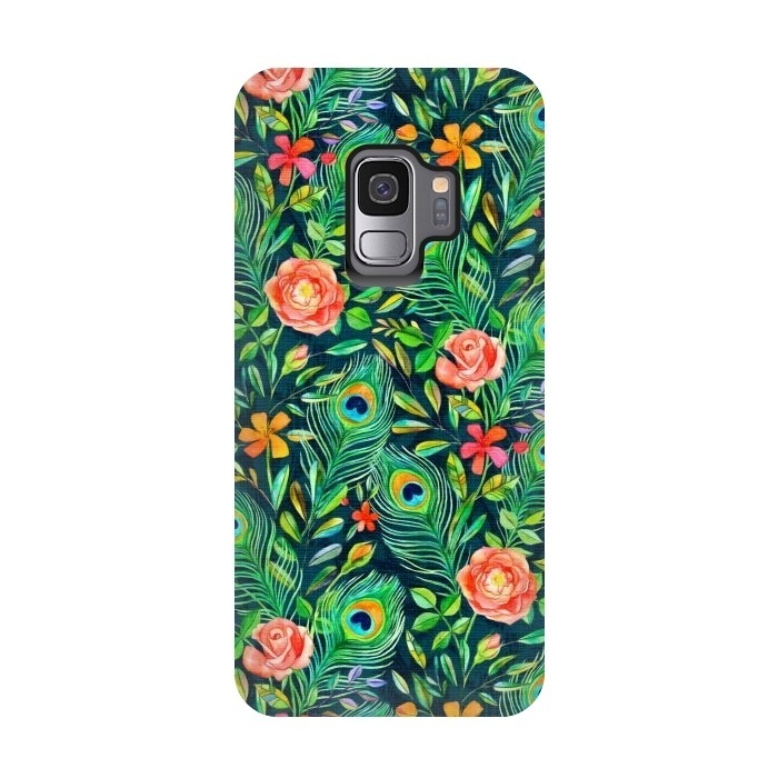 Galaxy S9 StrongFit Peacock Posies on Dark by Micklyn Le Feuvre