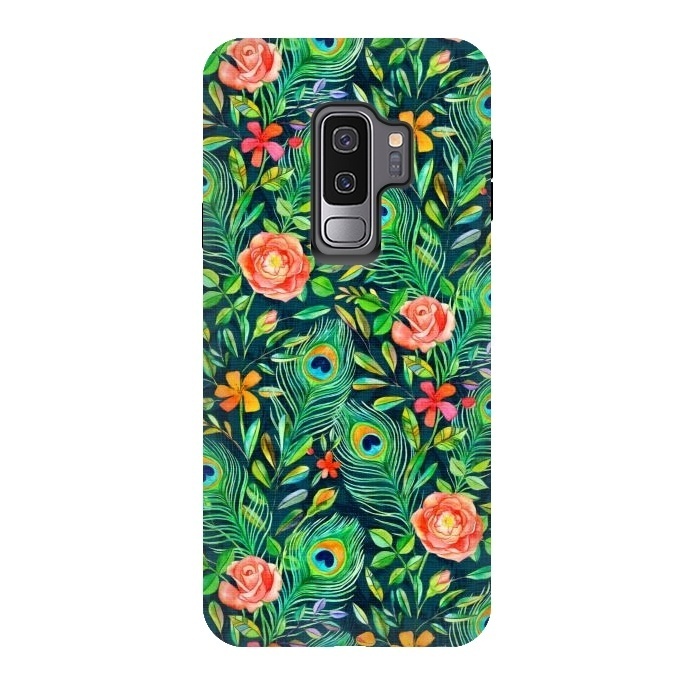 Galaxy S9 plus StrongFit Peacock Posies on Dark by Micklyn Le Feuvre