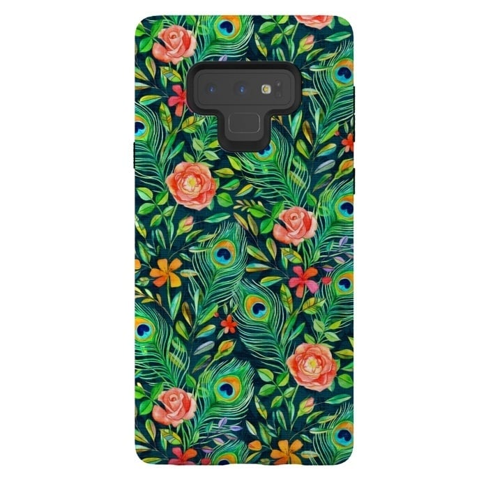Galaxy Note 9 StrongFit Peacock Posies on Dark by Micklyn Le Feuvre