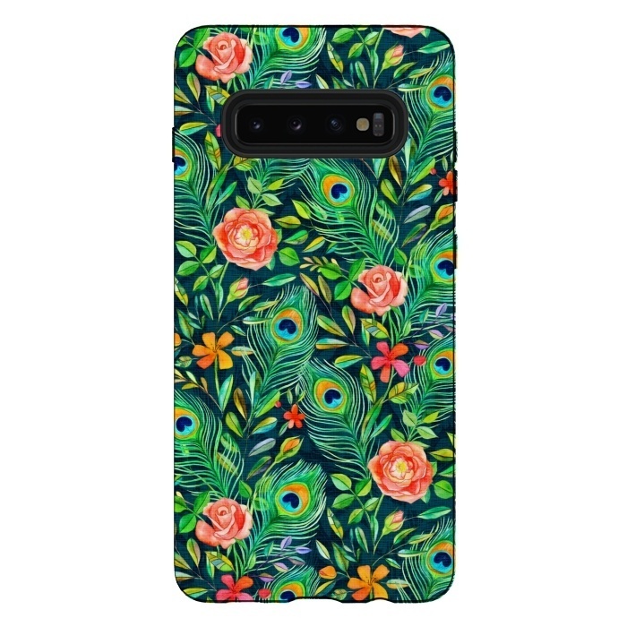 Galaxy S10 plus StrongFit Peacock Posies on Dark by Micklyn Le Feuvre