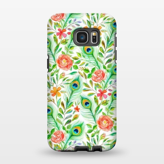 Galaxy S7 EDGE StrongFit Peacock Feather Posies on White by Micklyn Le Feuvre
