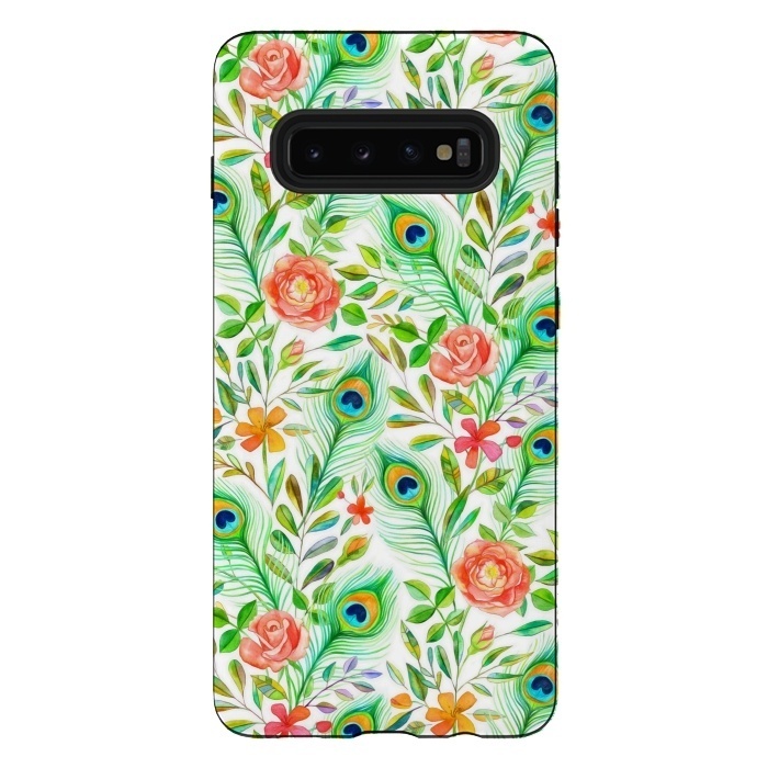 Galaxy S10 plus StrongFit Peacock Feather Posies on White by Micklyn Le Feuvre