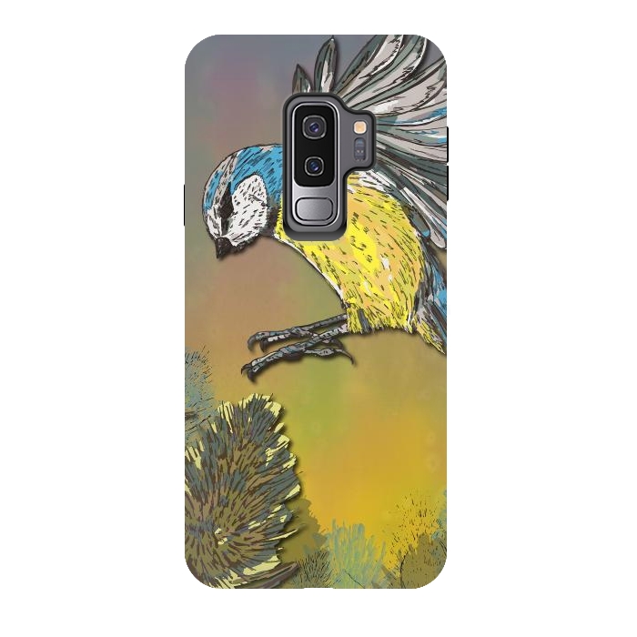 Galaxy S9 plus StrongFit Blue Tit and Teasels by Lotti Brown