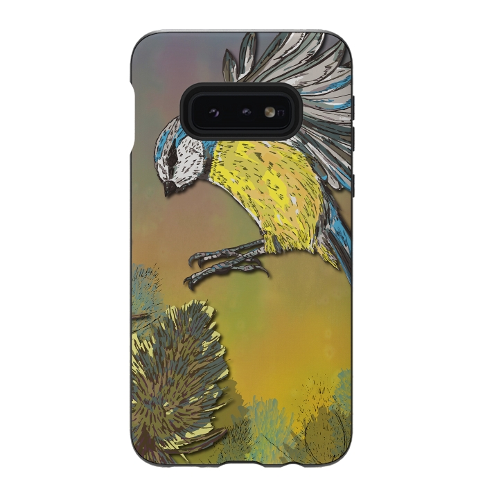 Galaxy S10e StrongFit Blue Tit and Teasels by Lotti Brown