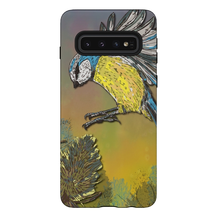 Galaxy S10 StrongFit Blue Tit and Teasels by Lotti Brown
