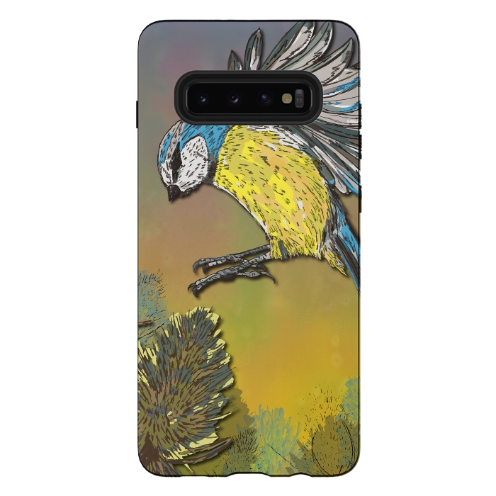 Galaxy S10 plus StrongFit Blue Tit and Teasels by Lotti Brown