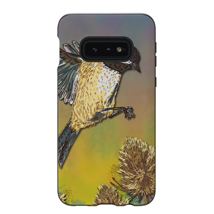 Galaxy S10e StrongFit Coal Tit and Teasels by Lotti Brown