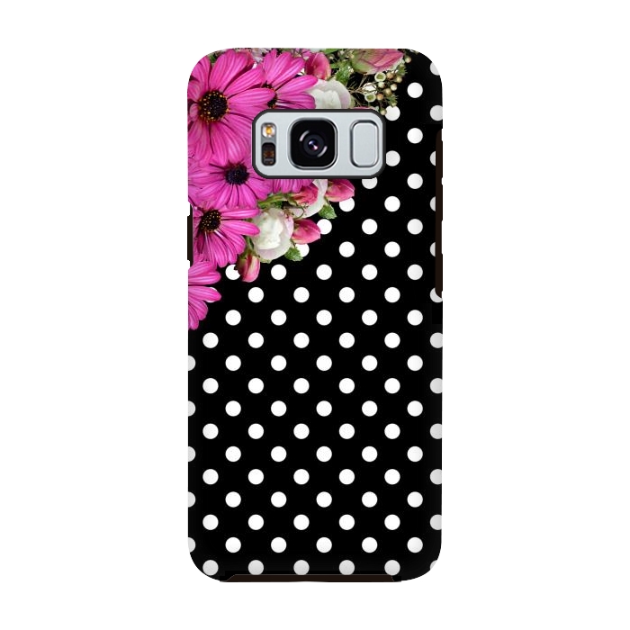 Galaxy S8 StrongFit Black and White Polka Dots and Pink Flowers by Alemi