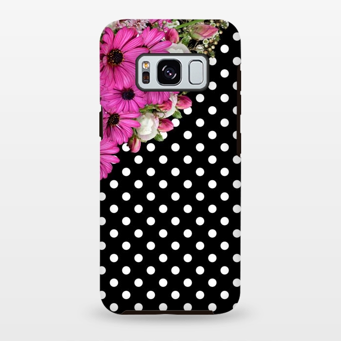 Galaxy S8 plus StrongFit Black and White Polka Dots and Pink Flowers by Alemi