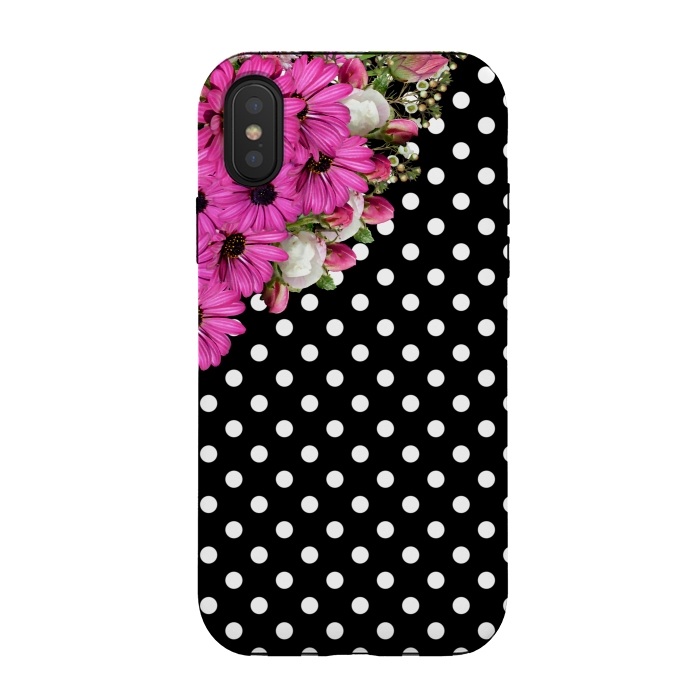 iPhone Xs / X StrongFit Black and White Polka Dots and Pink Flowers by Alemi