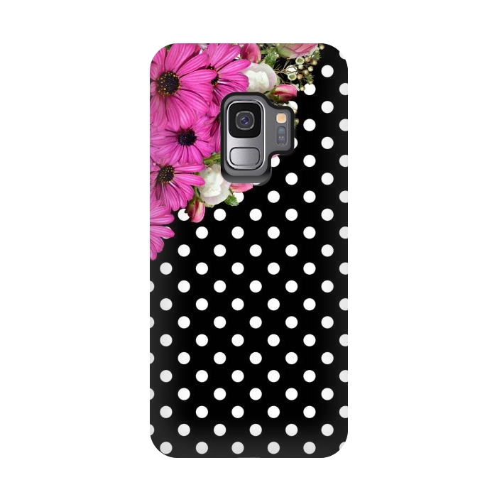 Galaxy S9 StrongFit Black and White Polka Dots and Pink Flowers by Alemi
