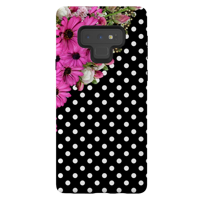Galaxy Note 9 StrongFit Black and White Polka Dots and Pink Flowers by Alemi