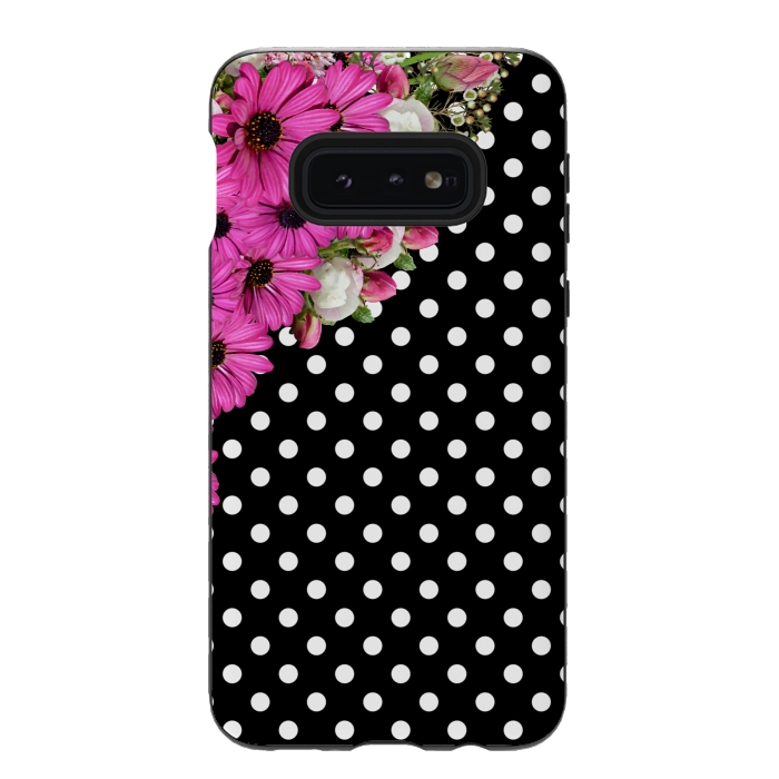 Galaxy S10e StrongFit Black and White Polka Dots and Pink Flowers by Alemi