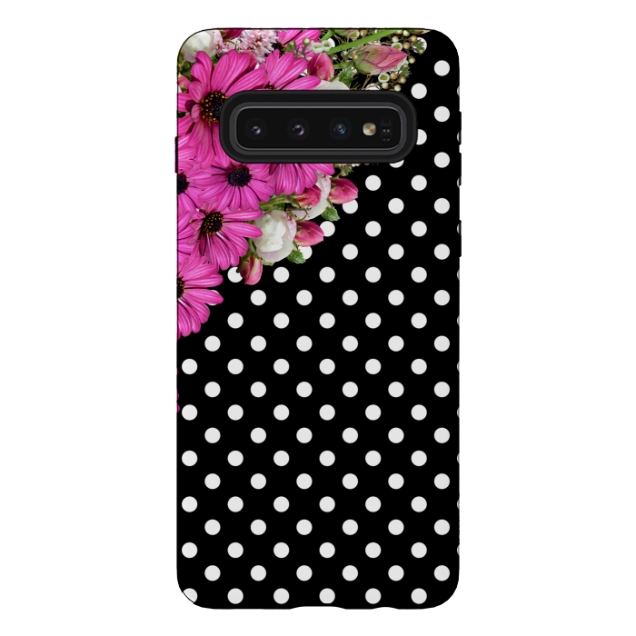 Galaxy S10 StrongFit Black and White Polka Dots and Pink Flowers by Alemi