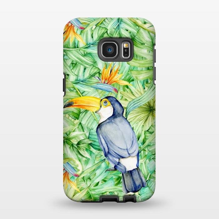 Galaxy S7 EDGE StrongFit Toucan Tropical Leaves Watercolor by Alemi