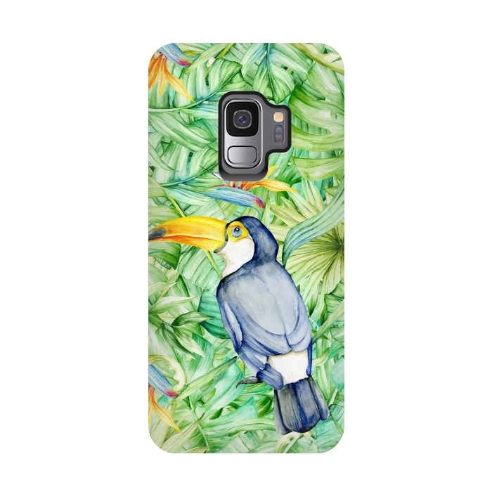 Galaxy S9 StrongFit Toucan Tropical Leaves Watercolor by Alemi