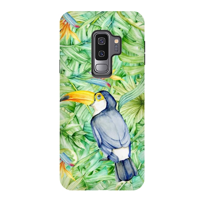 Galaxy S9 plus StrongFit Toucan Tropical Leaves Watercolor by Alemi