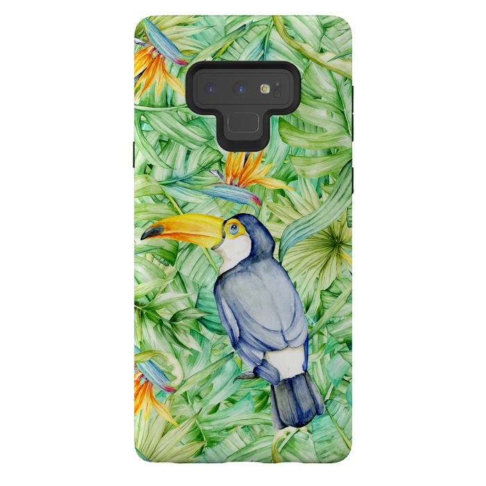 Galaxy Note 9 StrongFit Toucan Tropical Leaves Watercolor by Alemi