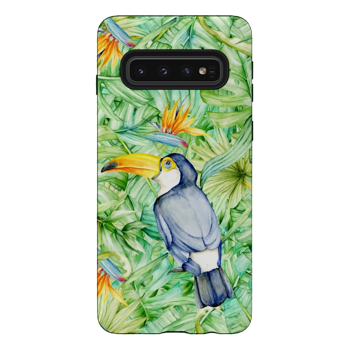 Galaxy S10 StrongFit Toucan Tropical Leaves Watercolor by Alemi