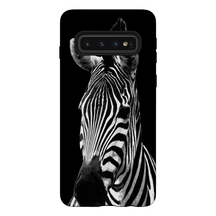 Galaxy S10 StrongFit Black and White Zebra Black Background by Alemi