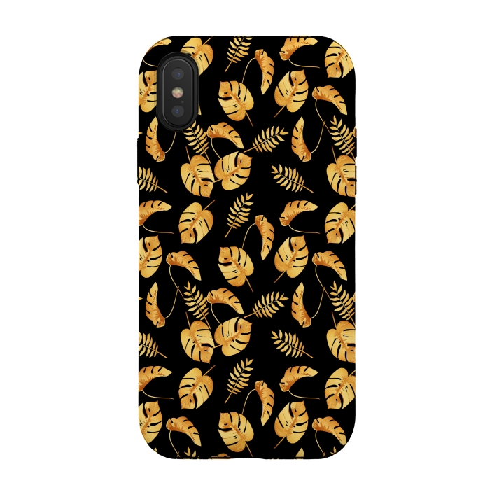 iPhone Xs / X StrongFit Gold Tropical Leaves Black Background by Alemi