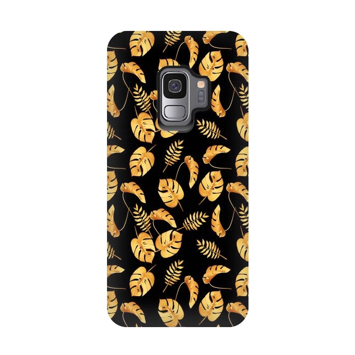 Galaxy S9 StrongFit Gold Tropical Leaves Black Background by Alemi