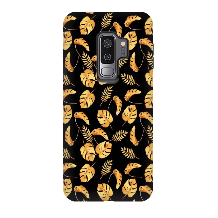 Galaxy S9 plus StrongFit Gold Tropical Leaves Black Background by Alemi