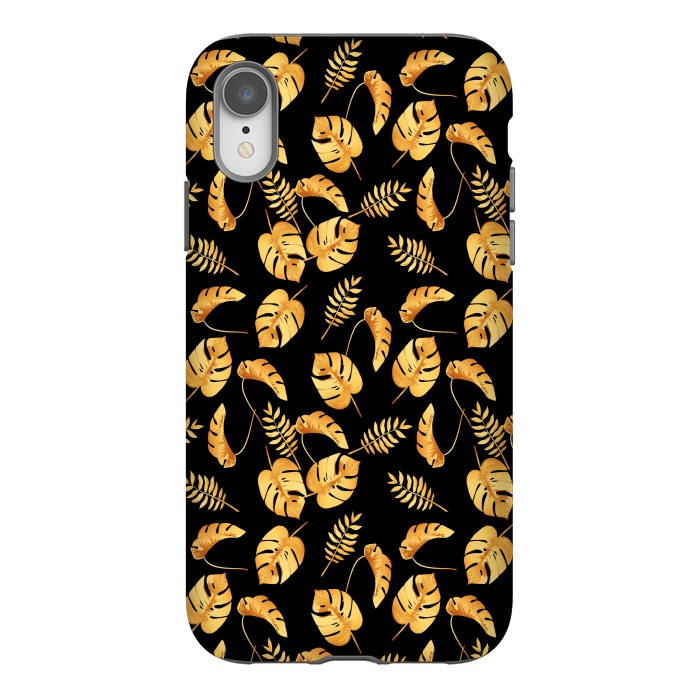 iPhone Xr StrongFit Gold Tropical Leaves Black Background by Alemi